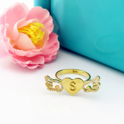 Angel Wings Heart Ring with Birthstone  Initial 18ct Gold Plated  - Name My Jewellery