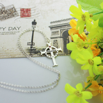 Personalised Circle Cross Necklaces with Birthstone  Name Silver  - Name My Jewellery