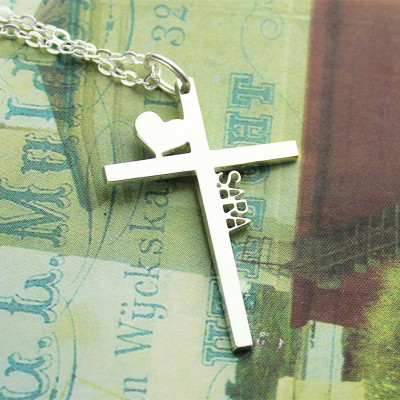 Personalised Silver Cross Name Necklace with Heart - Name My Jewellery