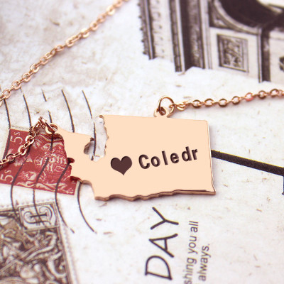 Washington State USA Map Necklace With Heart  Name Rose Gold - Name My Jewellery