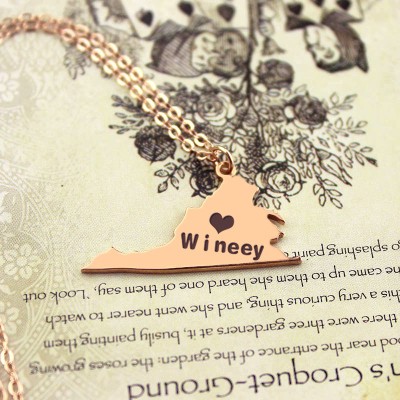 Virginia State USA Map Necklace With Heart  Name Rose Gold - Name My Jewellery