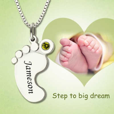 Personalised Mothers Baby Feet Necklace with birthstone  Name  - Name My Jewellery