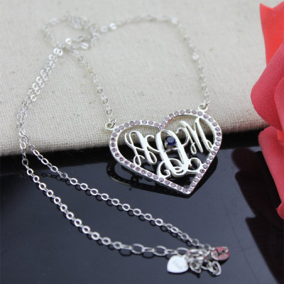Sterling Silver Heart Birthstone Monogram Necklace  - Name My Jewellery