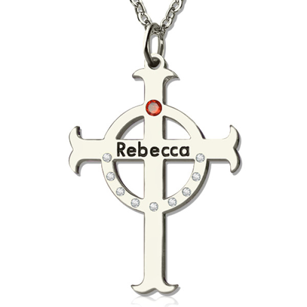 Personalised Circle Cross Necklaces with Birthstone  Name Silver  - Name My Jewellery