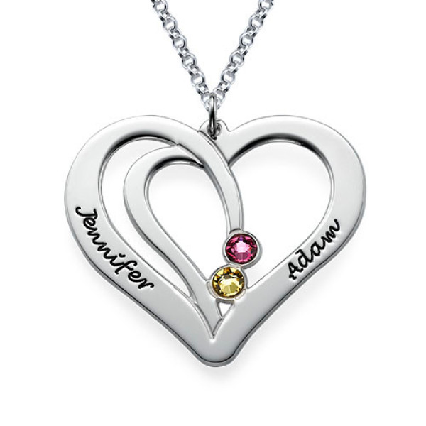 Engraved Couples Birthstone Necklace in Silver  - Name My Jewellery