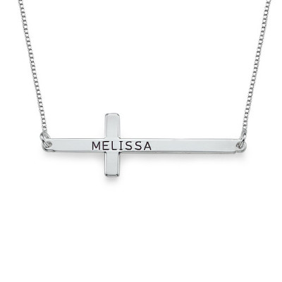 Engraved Silver Sideways Cross Necklace - Name My Jewellery