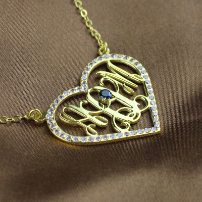 Birthstone Heart Monogram Necklace 18ct Gold Plated  - Name My Jewellery