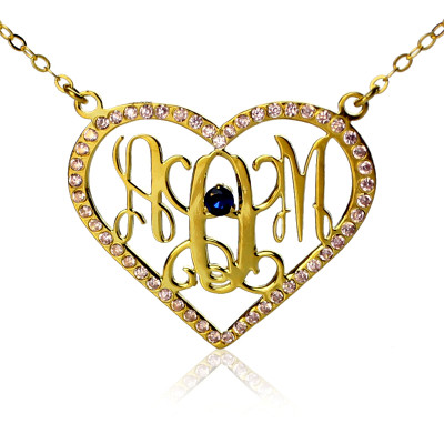 Birthstone Heart Monogram Necklace 18ct Gold Plated  - Name My Jewellery