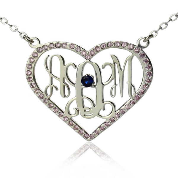 Sterling Silver Heart Birthstone Monogram Necklace  - Name My Jewellery