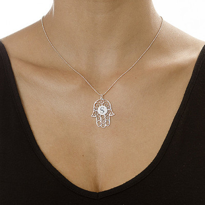 Silver Personalised Initial Hamsa Necklace - Name My Jewellery