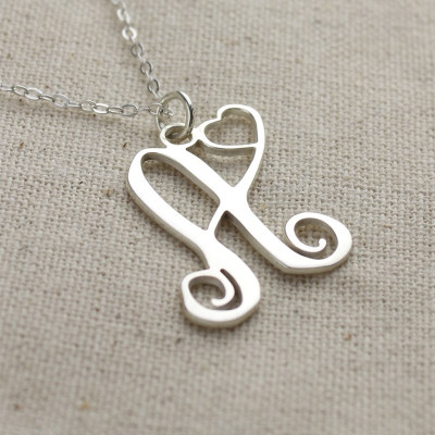 One Initial Monogram With Heart Necklace Silver - Name My Jewellery