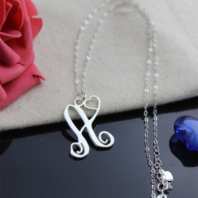 One Initial Monogram With Heart Necklace Silver - Name My Jewellery