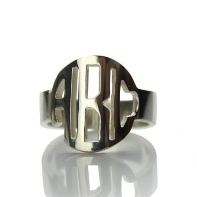 Circle Block Monogram 3 Initials Ring Solid White Gold Ring - Name My Jewellery