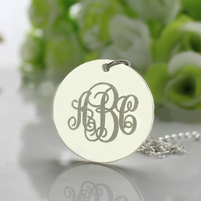 Solid White Gold Vine Font Disc Engraved Monogram Necklace - Name My Jewellery
