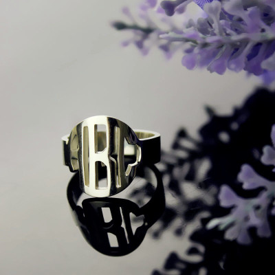 Circle Block Monogram 3 Initials Ring Solid White Gold Ring - Name My Jewellery