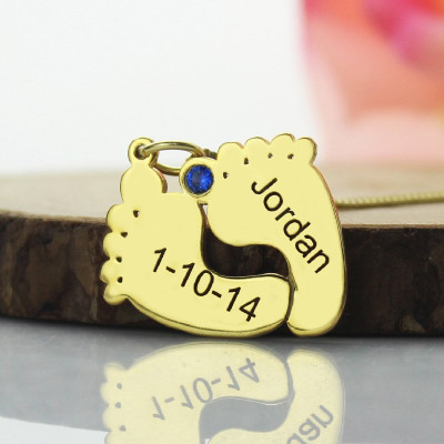 Birthstone Memory Baby Feet Charms with Date  Name 18ct Gold Plated  - Name My Jewellery