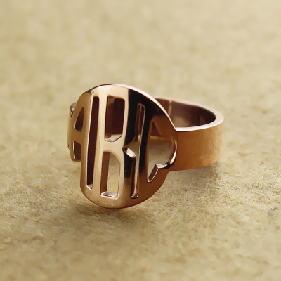 Personalised Circle Block Monogram 3 Initials Ring Solid Rose Gold Ring - Name My Jewellery
