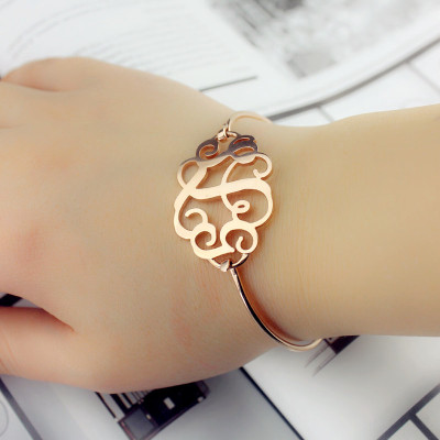 Rose Gold Monogram Initial Bangle Bracelet 1.25 Inch - Name My Jewellery