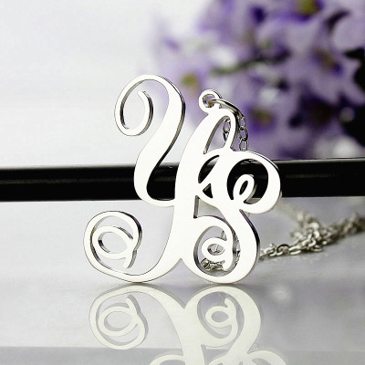 Personalised Solid White Gold Vine Font 2 Initial Monogram Necklace - Name My Jewellery