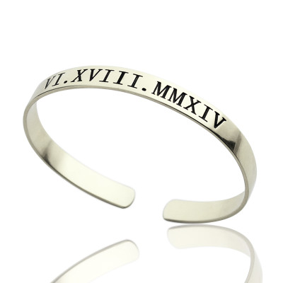 Personalised Roman Numeral Date Cuff Bracelet Sterling Silver - Name My Jewellery