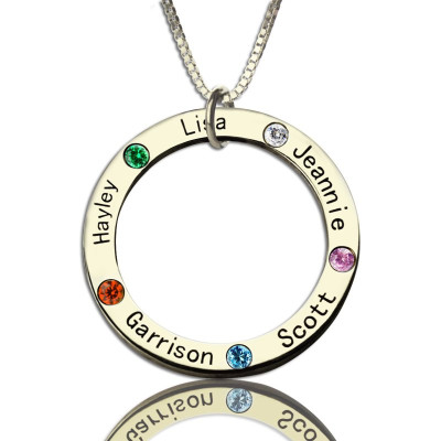 Mothers Family Circle Name Necklace Engraved Birthstone Silver  - Name My Jewellery