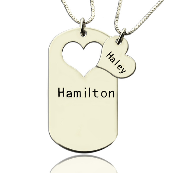 Couples Name Dog Tag Necklace Set with Cut Out Heart - Name My Jewellery