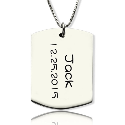 Personalised ID Dog Tag Bar Pendant with Name and Birth Date Silver - Name My Jewellery