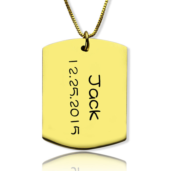 ID Dog Tag Bar Pendant with Name and Birth Date Gold Plated Silver - Name My Jewellery