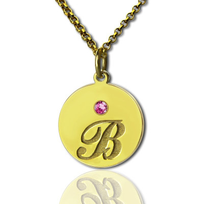 Engraved Initial  Birthstone Disc Charm Necklace 18ct Gold Plated  - Name My Jewellery