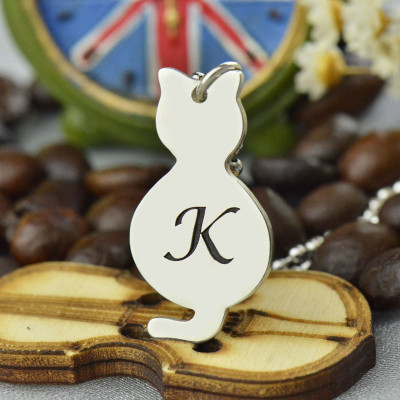 Personalised Tiny Cat Initial Pendant Necklace Silver - Name My Jewellery