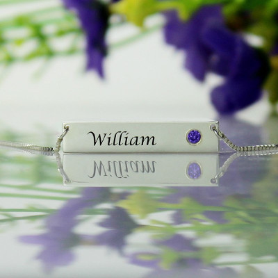 Nameplate Bar Necklace with Birthstone Silver  - Name My Jewellery