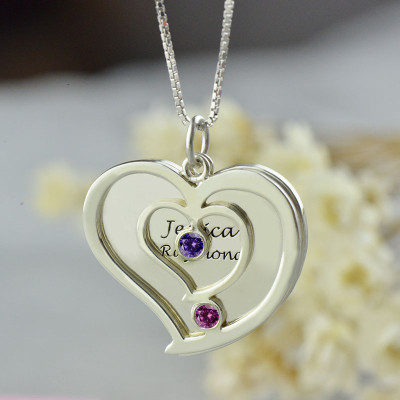 Personalised Couples Birthstone Heart Name Necklace  - Name My Jewellery