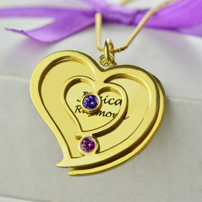 His  Her Birthstone Heart Name Necklace 18ct Gold Plated  - Name My Jewellery