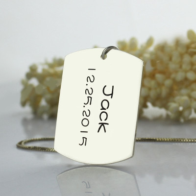 Personalised ID Dog Tag Bar Pendant with Name and Birth Date Silver - Name My Jewellery