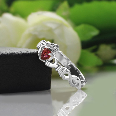 Ladies Claddagh Rings With Birthstone  Name White Gold Plated Silver  - Name My Jewellery