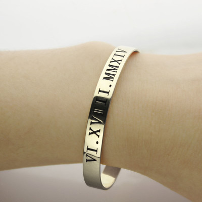 Personalised Roman Numeral Date Cuff Bracelet Sterling Silver - Name My Jewellery