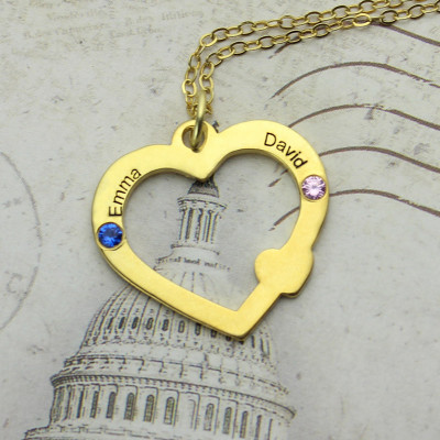 18ct Gold Open Heart Necklace with Double Name  Birthstone  - Name My Jewellery