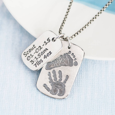 Dog Tag With Baby Prints And Birth Info Necklace - Two Pendants - Name My Jewellery