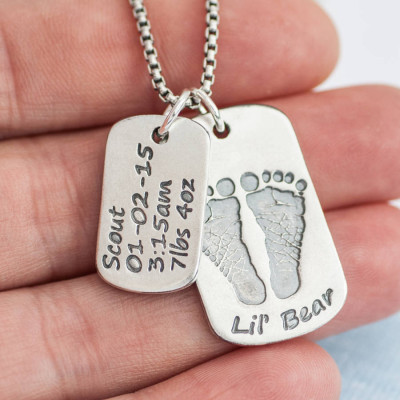 Dog Tag With Baby Prints And Birth Info Necklace - Two Pendants - Name My Jewellery