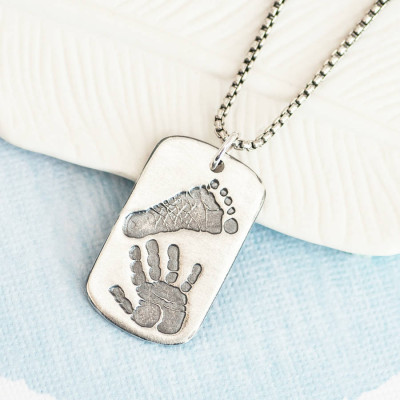 Footprint Handprint Personalised Mens Dog Tag Necklace - Two Pendants - Name My Jewellery