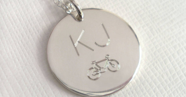 Engraved Initial Bike Lock Charm Necklace with Diamonds - Silver