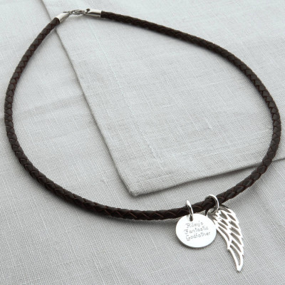 Personalised Silver Wing And Disc Leather Necklet - Name My Jewellery