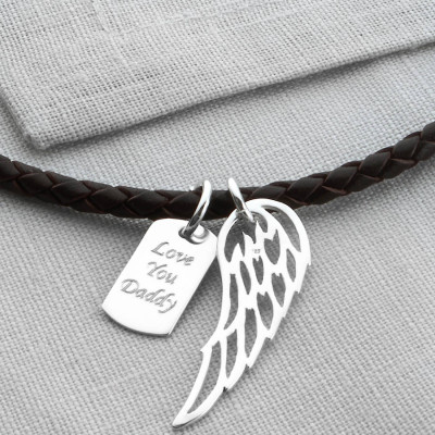 Personalised Silver Wing And Dogtag Leather Necklet - Name My Jewellery