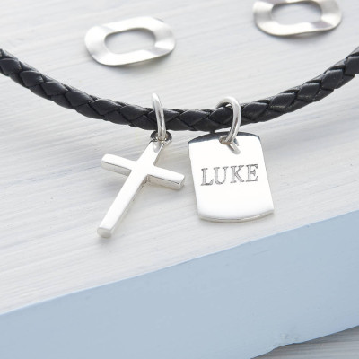 Personalised Silver Cross And Tag Leather Necklet - Name My Jewellery