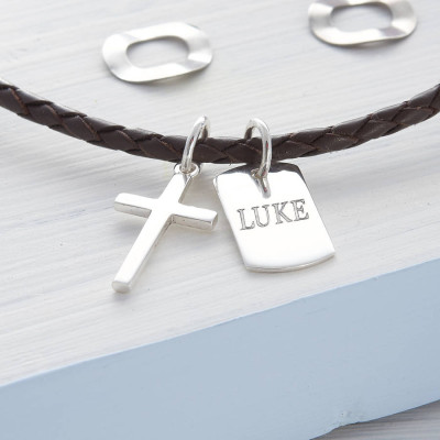 Personalised Silver Cross And Tag Leather Necklet - Name My Jewellery