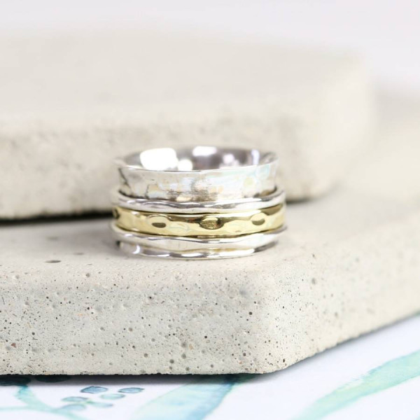 Sterling Silver And Gold Hammered Effect Spinning Ring - Name My Jewellery
