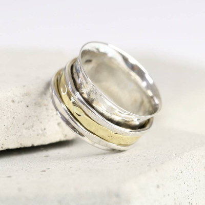 Sterling Silver And Gold Hammered Effect Spinning Ring - Name My Jewellery