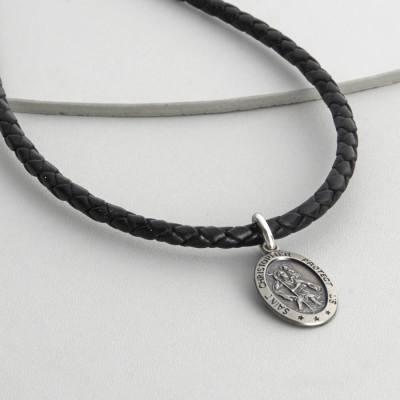 Mens Personalised Woven Leather St Christopher Necklet - Name My Jewellery